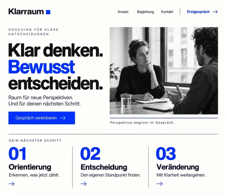 Vorschau der Beispiel-Website Klarraum, Coaching & persönliche Entwicklung: »Mehr Klarheit. Dein Weg.«