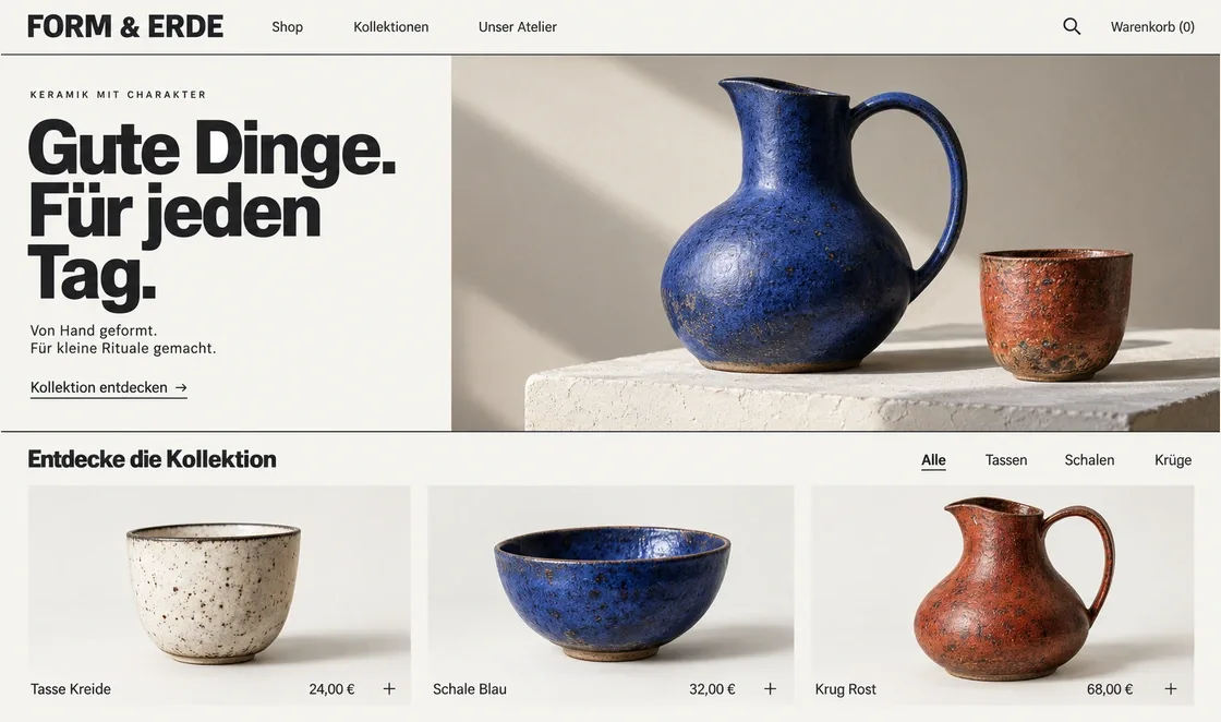 Vorschau der Beispiel-Website Form & Erde, handgemachte Keramik: »Für die kleinen Alltagsrituale.«