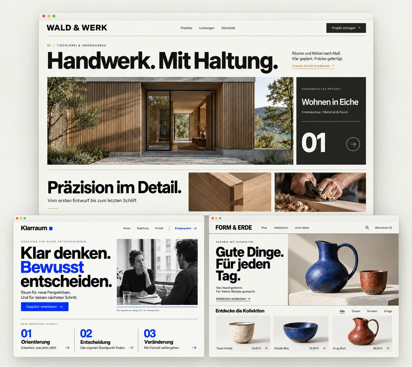 Gestaltungsbeispiel im Browserfenster: Website der Tischlerei Wald & Werk mit »Räume, die bleiben.«, dazu die Hinweise »Für dein Unternehmen gemacht.« und »Ein klarer Weg zur Anfrage.«