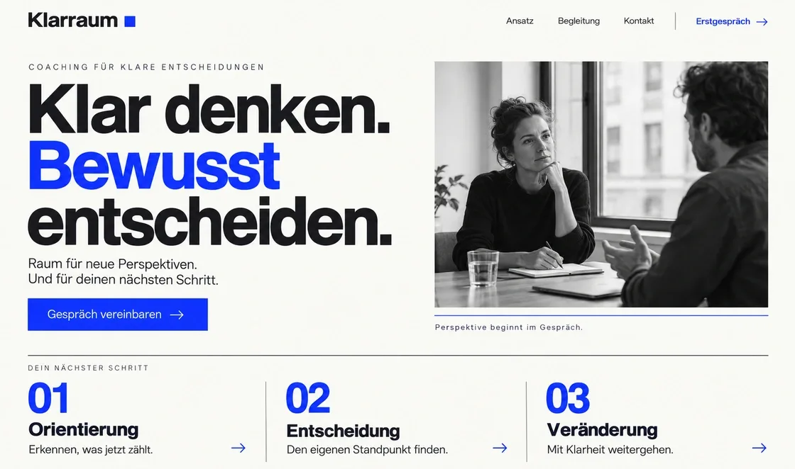 Vorschau der Beispiel-Website Klarraum, Coaching & persönliche Entwicklung: »Mehr Klarheit. Dein Weg.«