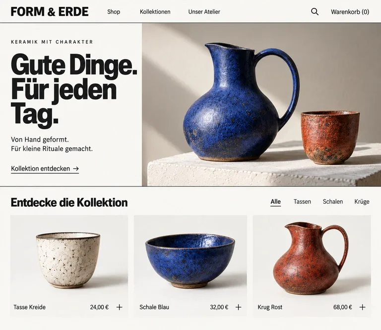 Vorschau der Beispiel-Website Form & Erde, handgemachte Keramik: »Für die kleinen Alltagsrituale.«