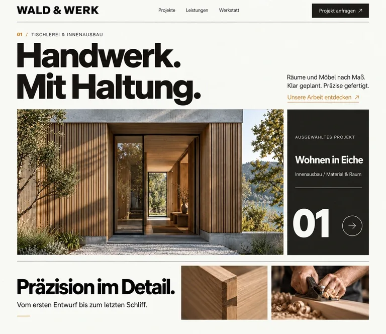Vorschau der Beispiel-Website Wald & Werk, Tischlerei & Innenausbau: »Räume, die bleiben.«