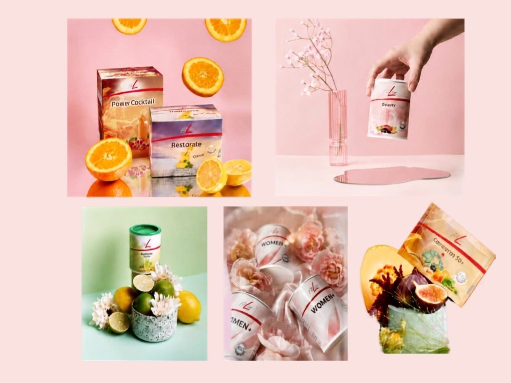 Collage aus FitLine-Produkten mit Zitrusfrüchten un Blüten, Schriftzug "Tu dir was Gutes"