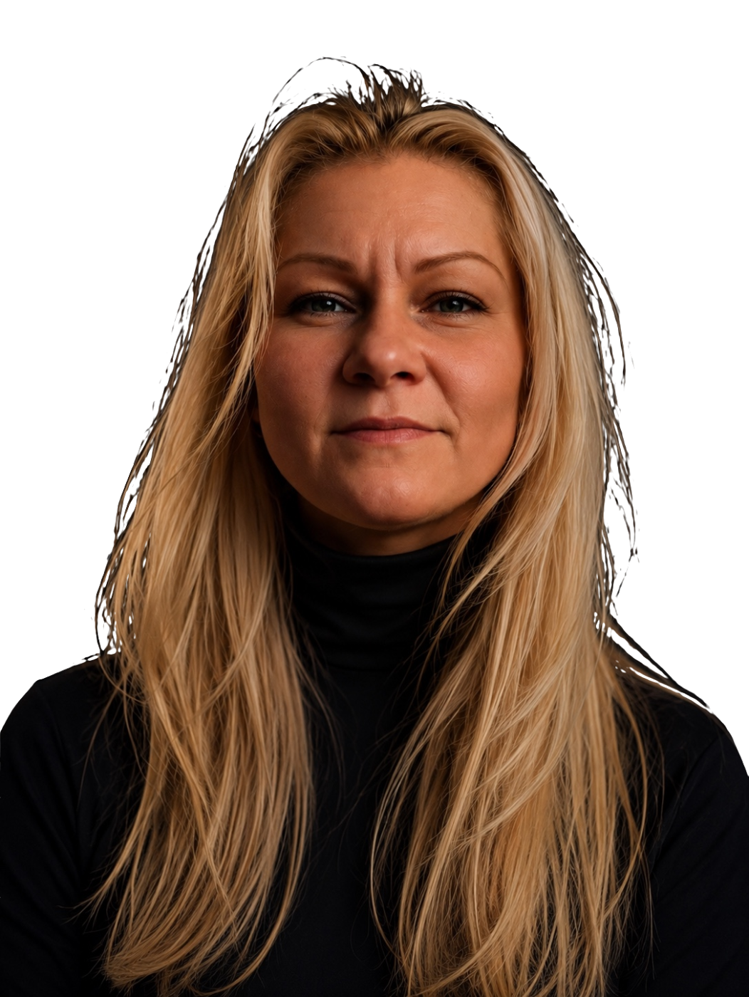 Porträt Stefanie, Pflegefachkraft und Strategin, selbstbewusst und ruhig, heller neutraler Hintergrund, professionell