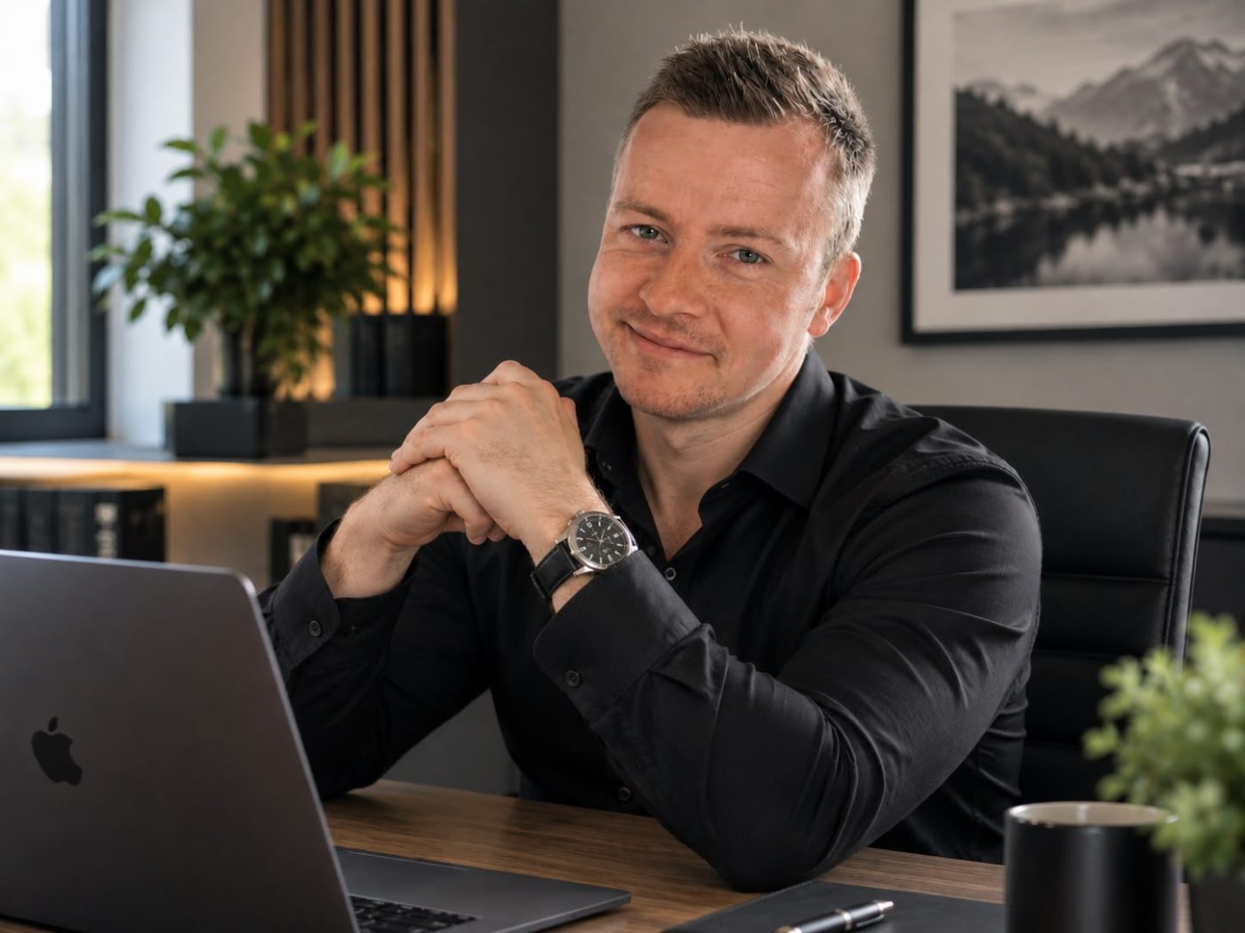 Junger Vater sitzt entspannt am Küchentisch, Laptop offen, Baby auf dem Arm, warmes Morgenlicht, authentisch und ungestellt