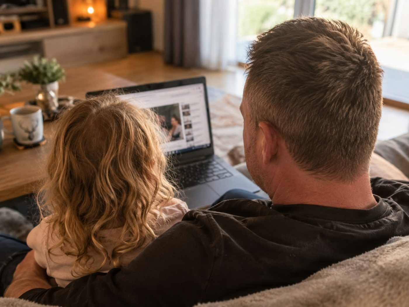Vater mit kleiner Tochter auf dem Schoß, beide schauen auf einen Laptop-Bildschirm, häusliche Atmosphäre, natürliches Licht, warm und echt
